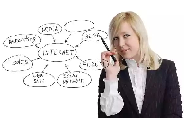 Woman pointing to a internet diagram.
