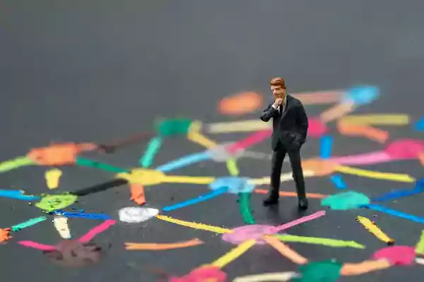 Miniature businessman deciding which path to take.